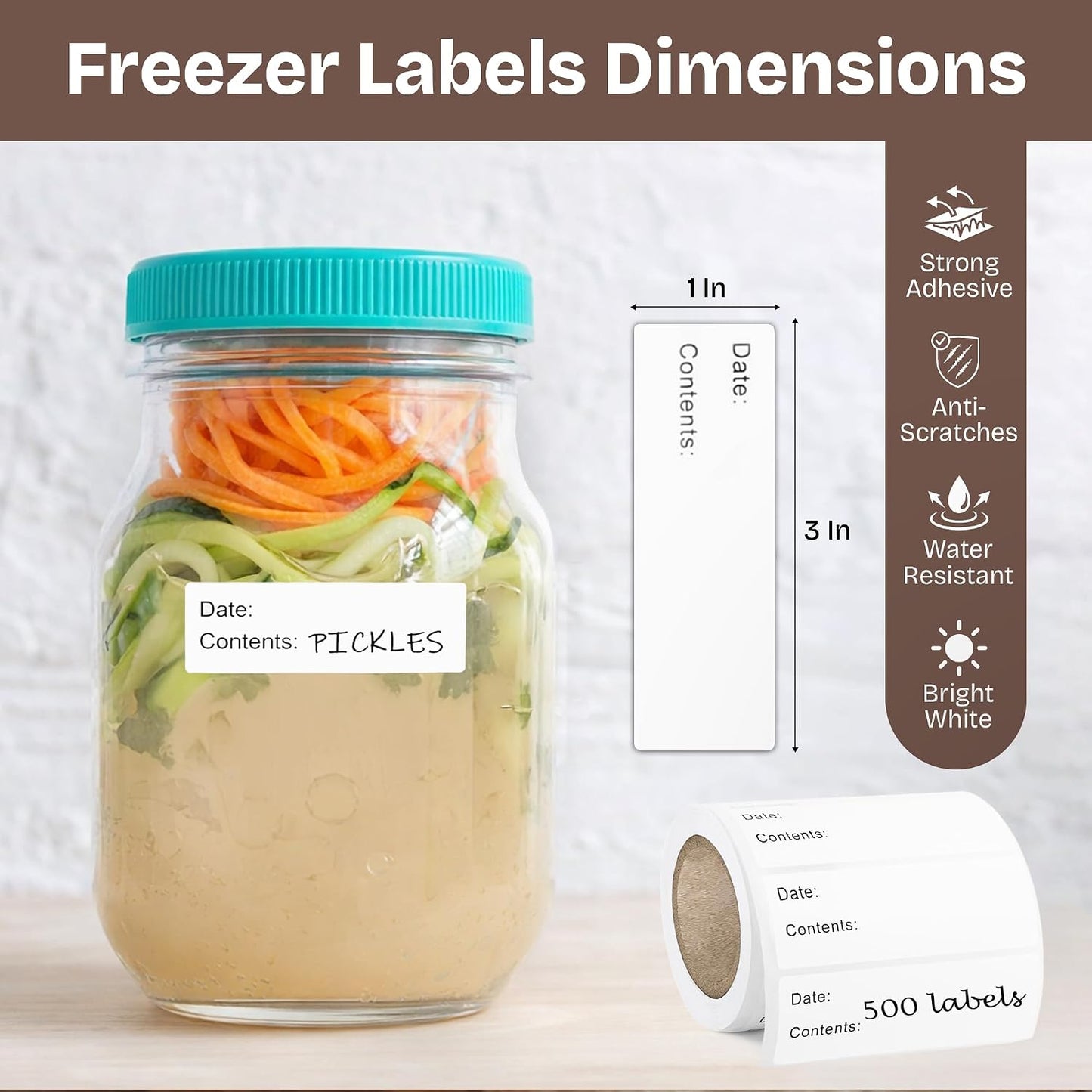 Freezer Labels 500pcs 1 x 3 in, Waterproof Easy Peel | Removable, Oil & water resistant, no residue, write-on surface, for freezer bags, jars, containers, meal prep & kitchen use