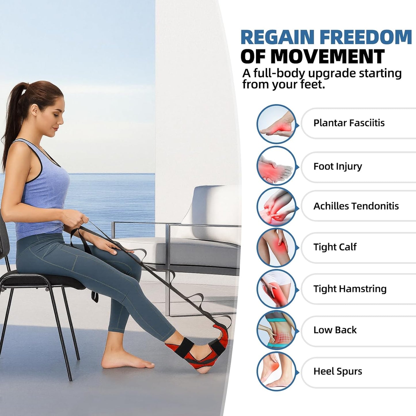 Foot and Calf Stretcher Stretching Strap For Plantar Fasciitis, Heel Spurs, Foot Drop, Achilles Tendonitis & Hamstring. Yoga & Leg Stretch Strap. (Red)