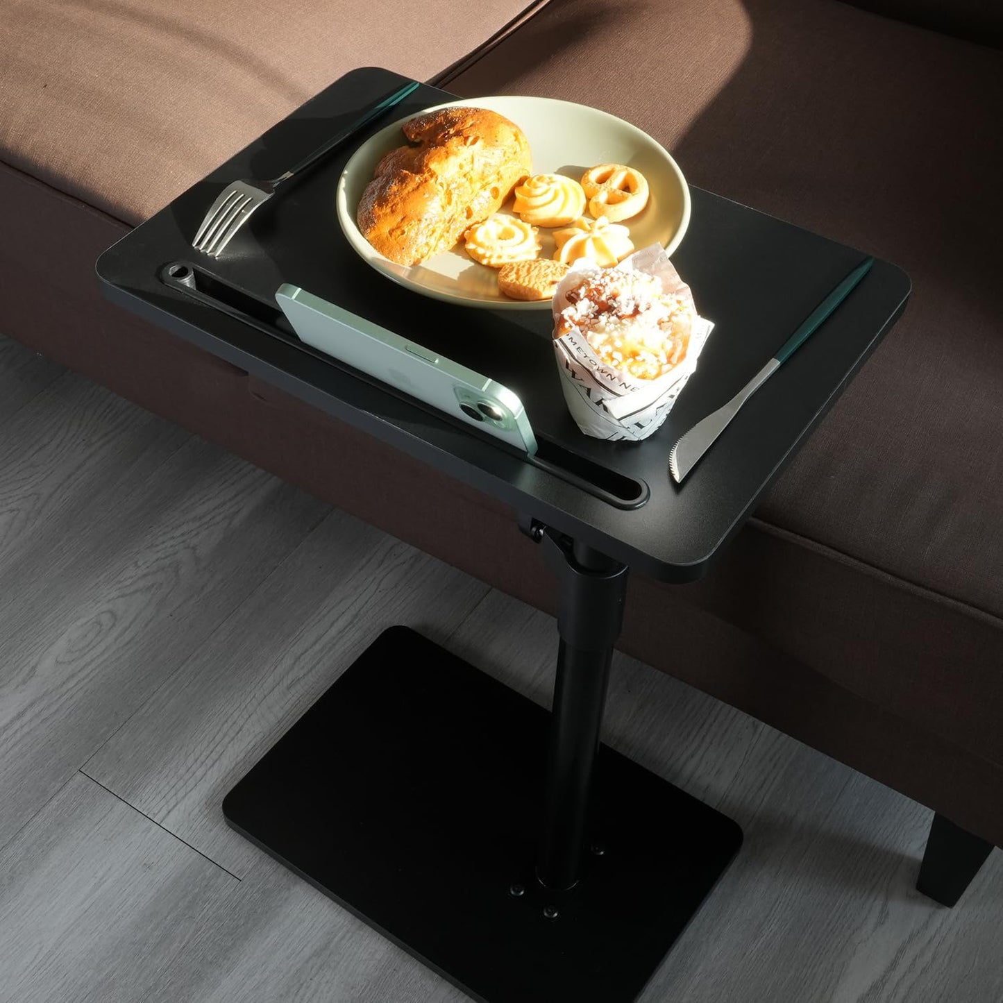 YUHFERA Sofa Armrest Tray Table for Couch - 360° Swivel Height Adjustable End for Small Spaces, Snack Side Table for Bed or Chair with Phone & Tablet Slot (Rustic,Standard)