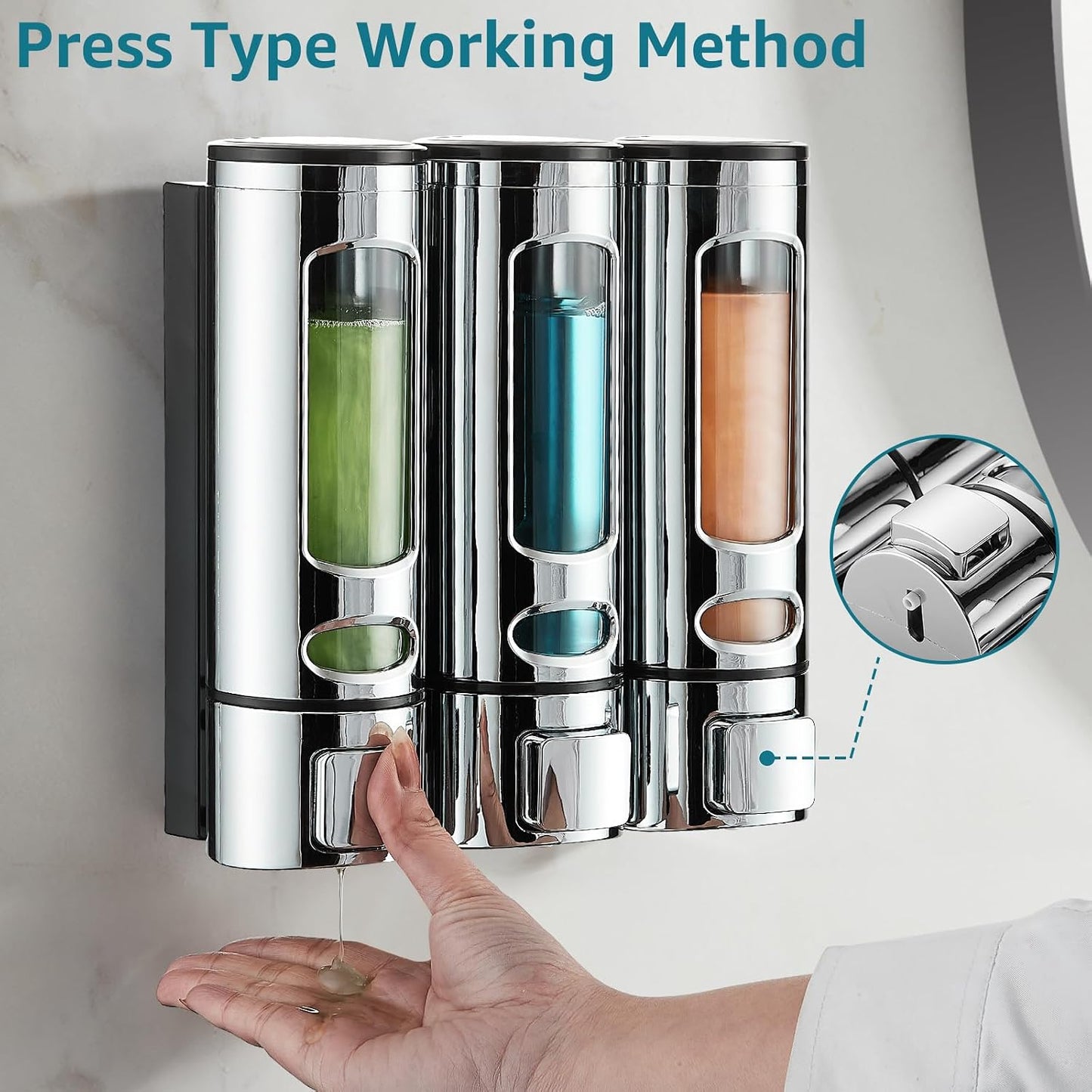 Pollock Shampoo and Conditioner Dispenser Wall Mounted,400ML*3 Chamber | Shower Soap Dispenser No Drilling,Refillable Shampoo Dispenser for Shower,Body Wash Dispenser for Bathroom,White