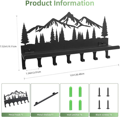 Key Holder for Wall, Metal Decorative Wall Mounted Mountain Key and Mail Holder with Shelf, 2 in 1 Key Hooks for Entryway, Front Door, Hallway, Key Organizer and Key Rack (10 Inches)
