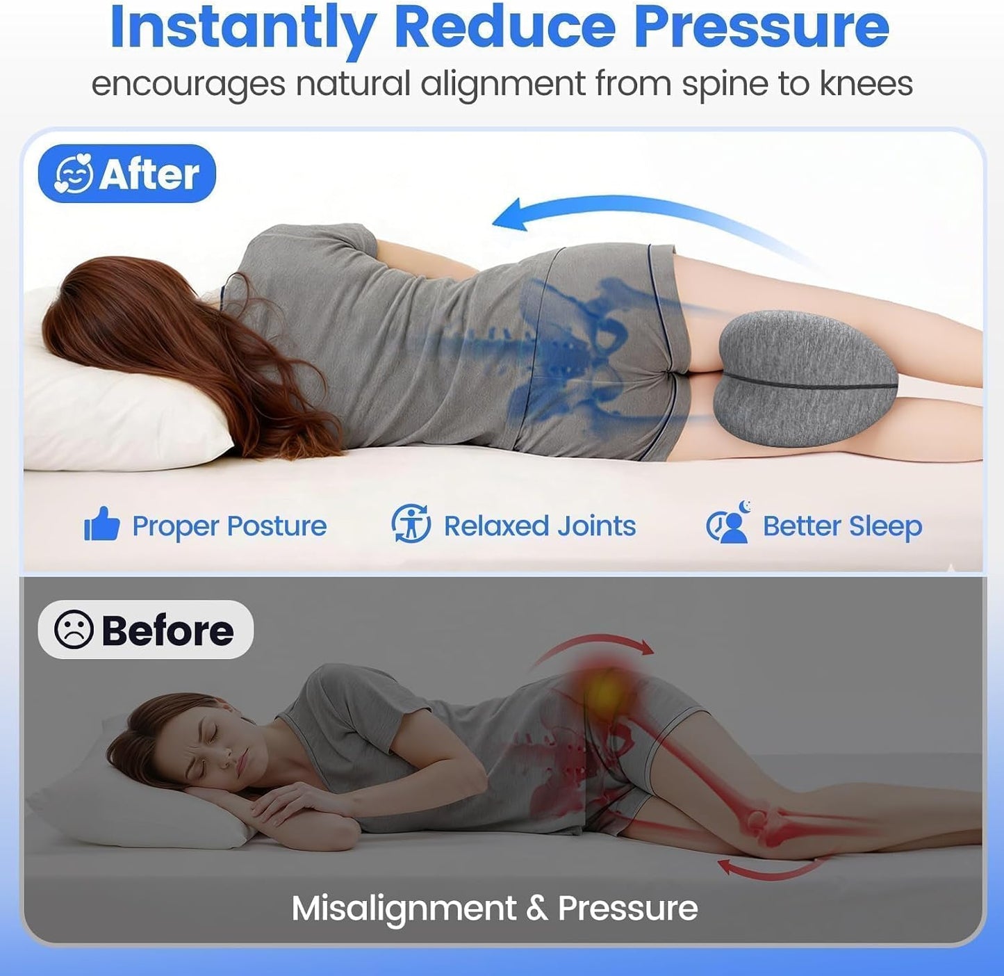 Knee Pillow for Side Sleepers, Leg Pillow with Washable Cover, Grey | Memory Foam Pillow for Sleeping Blood Circulation, Legs Spine Aligning Sciatica Back Hip Knee Support