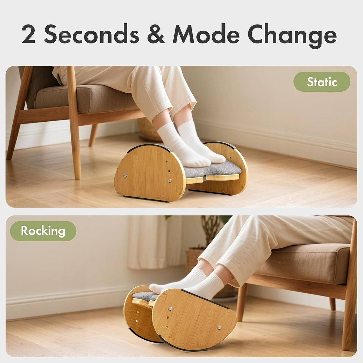 Amazer Bamboo Foot Rest for Under Desk at Work, 2-in-1 Reversible Rocking Footrest Adjustable Foot Stool, Ergonomic Footrest for Under Gaming Desk, Feet Support Leg Footstools for Home Office