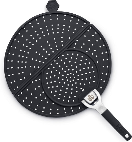 HexClad Folding Grease Splatter Screen for Frying, Up to 12" Pans | Folding Design, Heat-Safe to 480°F, Stay-Cool Locking Handle, Silicone and Stainless Steel, Dishwasher-Safe