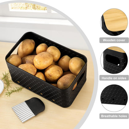 Kitchen Vegetable Storage Set of 3, Metal Onion Garlic Potato Storage Set, Kitchen Canisters Vegetable Keeper Containers with Aerating Holes and Bamboo Lid,Black