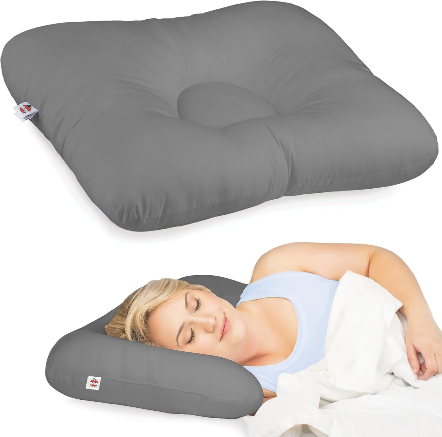 Ergonomic Cervical Pillow for Neck Pain Relief Back & Side Sleepers MID WH | Patented D-shaped center cradles the head while dual neck rolls support proper cervical alignment for restful sleep.