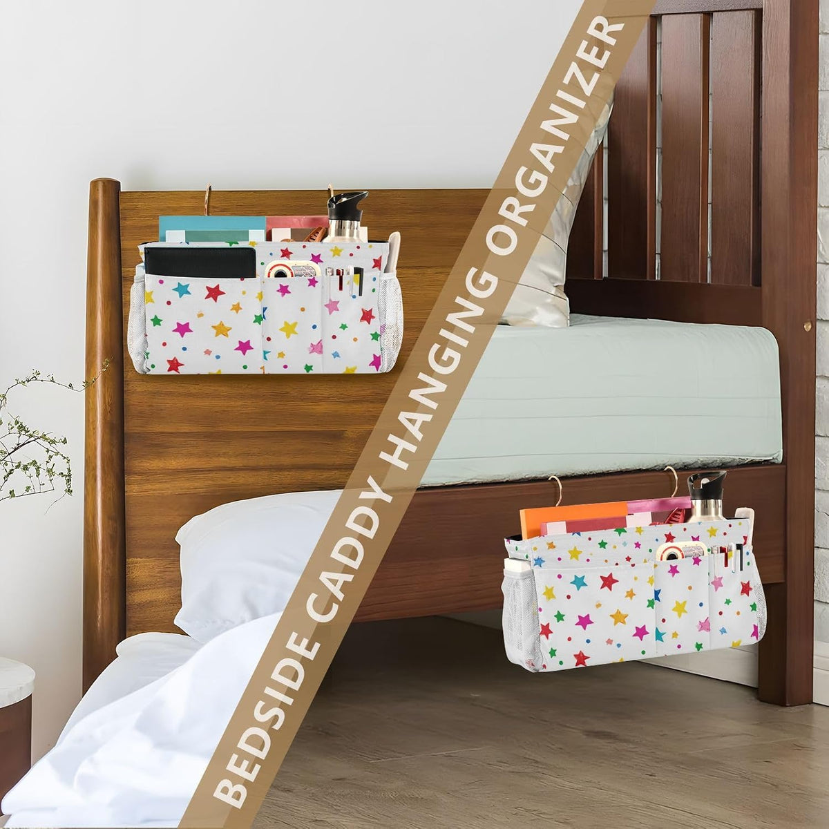 Bedside Caddy Hanging Bunk Bed Caddy Bed Organizer Hanging Pocket with 2 Hooks Bedside Storage Organizer Pocket Bag Holder Checkered Light Green - Colors B