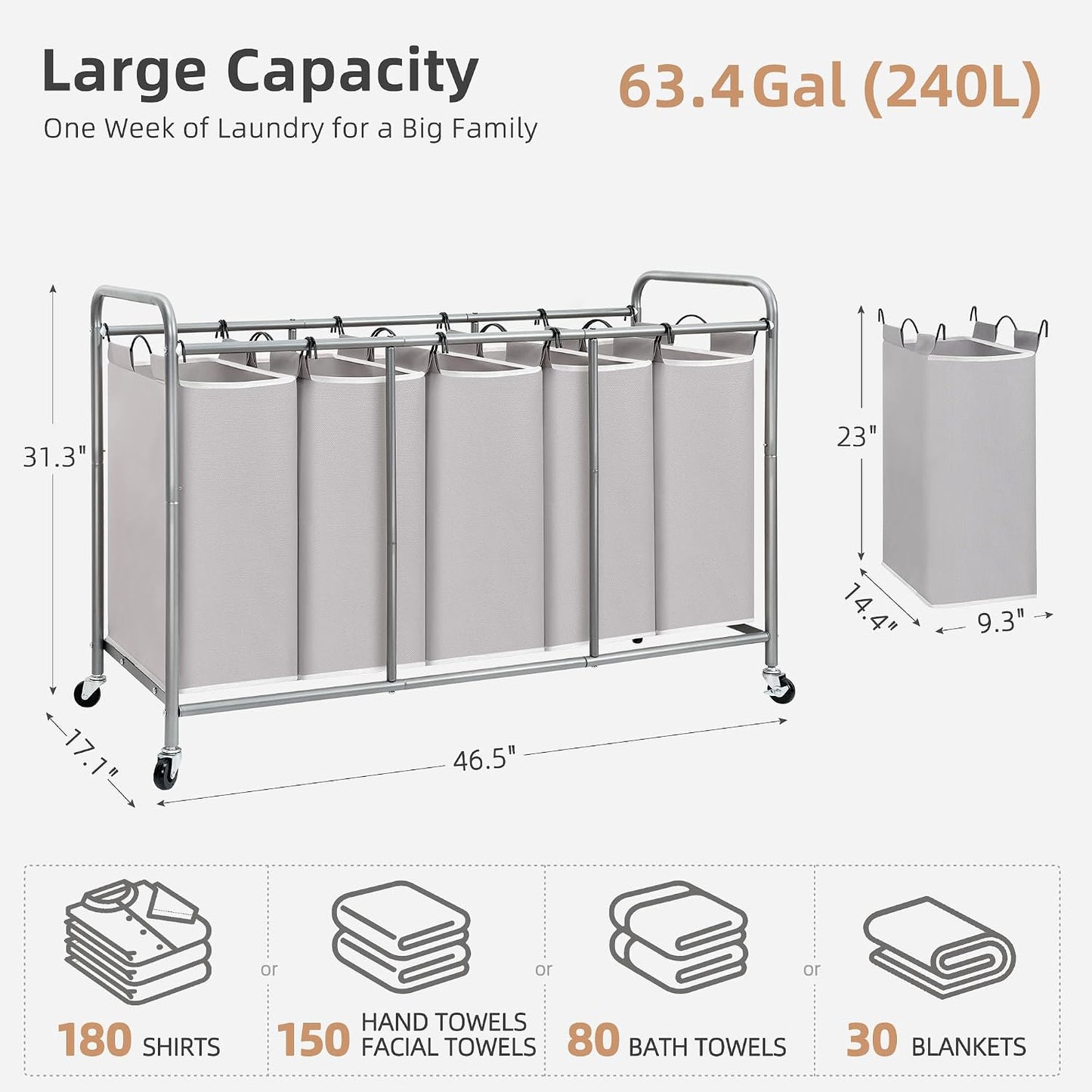 STORAGE MANIAC 3 Section Laundry Sorter, 35.6 Gal (135 L) Laundry Hamper Cart with Heavy Duty Rolling Lockable Wheels and Removable Bags, Clothes Organizer Basket Separator Hamper, Gray