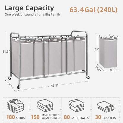 STORAGE MANIAC 3 Section Laundry Sorter, 35.6 Gal (135 L) Laundry Hamper Cart with Heavy Duty Rolling Lockable Wheels and Removable Bags, Clothes Organizer Basket Separator Hamper, Gray