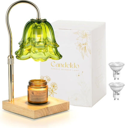 Candeldo Candle Warmer Lamp with Timer, Gold Flower Glass Shade | Height Adjustable, Dimmable, Fits 3-Wick Candles and Wax Melts, Ideal for Bedroom Decor, Birthday Gifts for Women