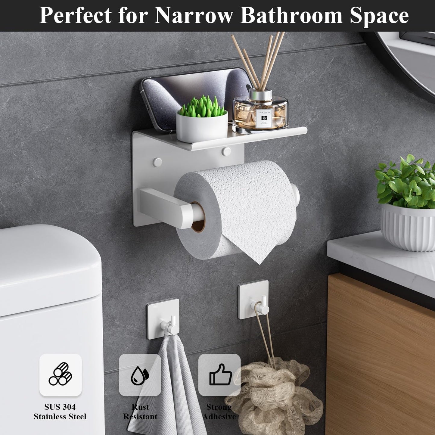 Tindbea Toilet Paper Holder Wall Mount + Towel Robe Hooks, Adhesive or Screw Wall Mounted Toilet Paper Roll Holder with Shelf, Stainless Steel Bathroom Organizers and Storage Kit (Brushed Gold)