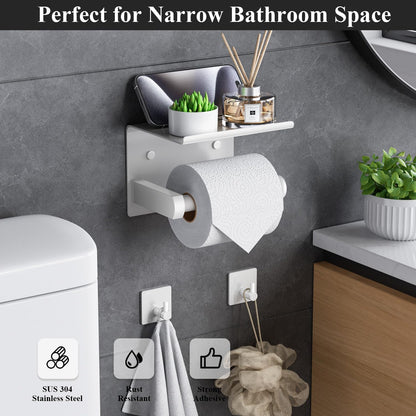 Tindbea Toilet Paper Holder Wall Mount + Towel Robe Hooks, Adhesive or Screw Wall Mounted Toilet Paper Roll Holder with Shelf, Stainless Steel Bathroom Organizers and Storage Kit (Brushed Gold)