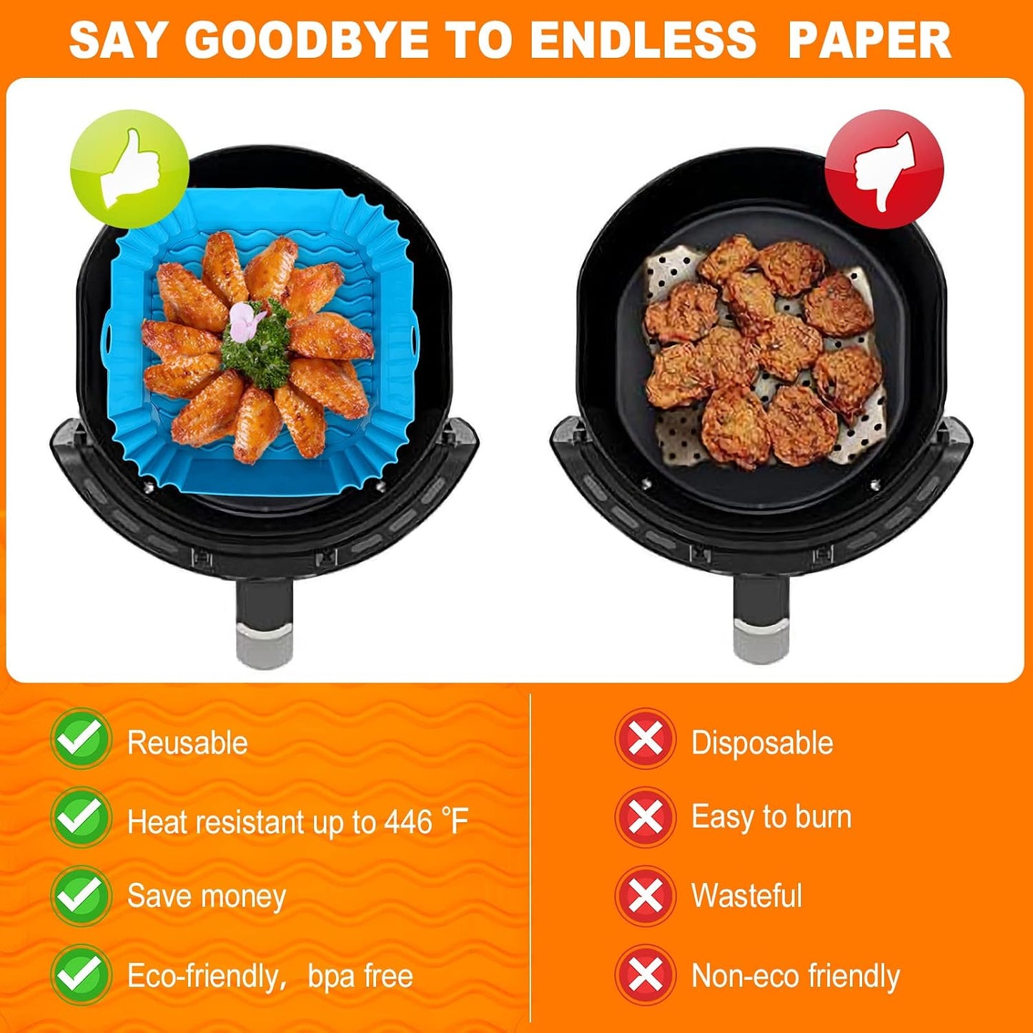 Boribim 2 PCS Square Silicone Air Fryer Liners - 8 Inch Reusable Air Fryer Pot - Air Fryer Accessories - Air Fryer Inserts for 4 to 7 QT Oven Microwave Accessories (Red + Blue)