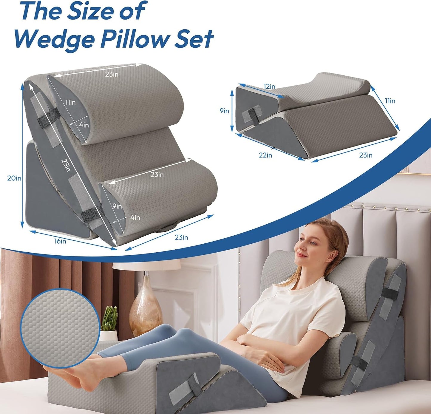 Ahpmeoa 6PCS Wedge Pillow Set for After Surgery, Back Pillow for Bed Sitting Up, Orthopedic Bed Wedge for Body, Leg Pain Relief, Memory Foam Pillow for Post Surgery, Sleeping, Acid Reflux, Plush Grey
