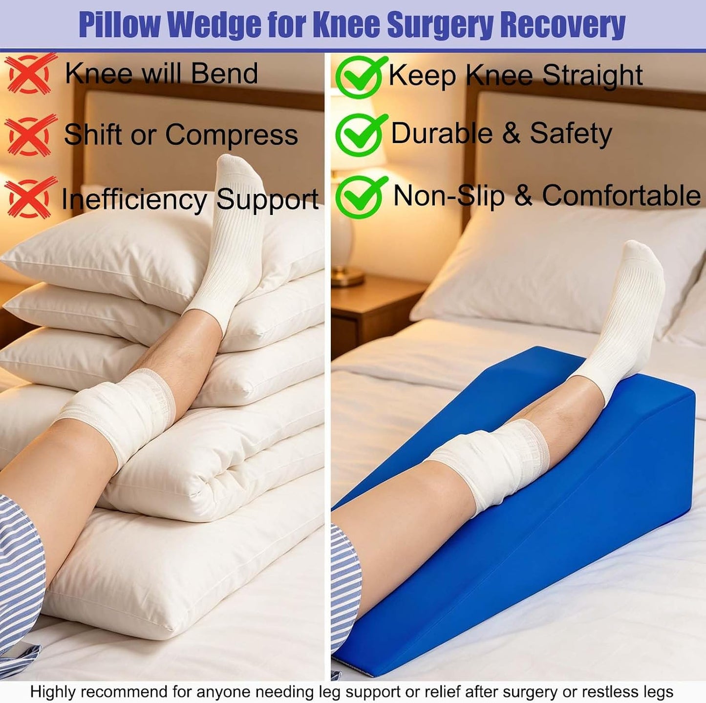Knee Surgery Pillow Straight Leg Pillow Elevation Blood Circulation | Cooling Cover Foam Wedge for Elevating Leg Machine Washable Removable| Knee Wedge Pillow Post Surgery