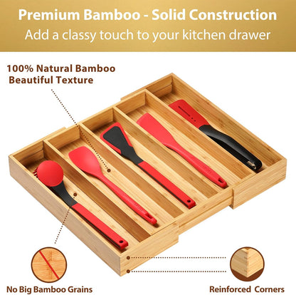 Large Expandable Kitchen Silverware Utensils Drawer Organizer, 2.5" Extra High Adjustable Drawer Divider with Curved Grooves, Bamboo Wood Cutlery Tray Flatware Holder