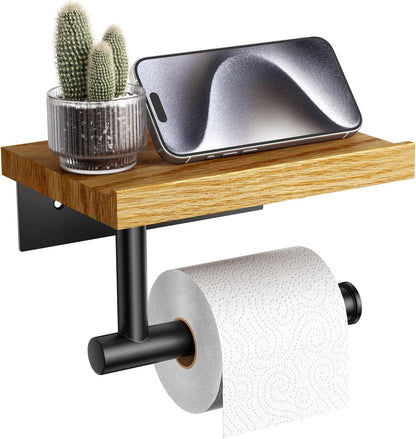 Tindbea Toilet Paper Holder with Wood Shelf, Wooden Wall Mount Tissue Paper Roll Holder, Matte Black Stainless Steel Bathroom Accessories Decor Household Home Apartment Restroom Essentials (Walnut)