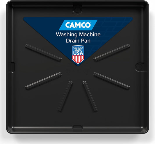 Camco Low Profile Washing Machine Drain Pan with PVC Fitting, 29 inch x 33 inch ID and 31 inch x 35 inch OD - Protects Your Floors from Washing Machine Leaks - Easy to Use - Pewter - 20788