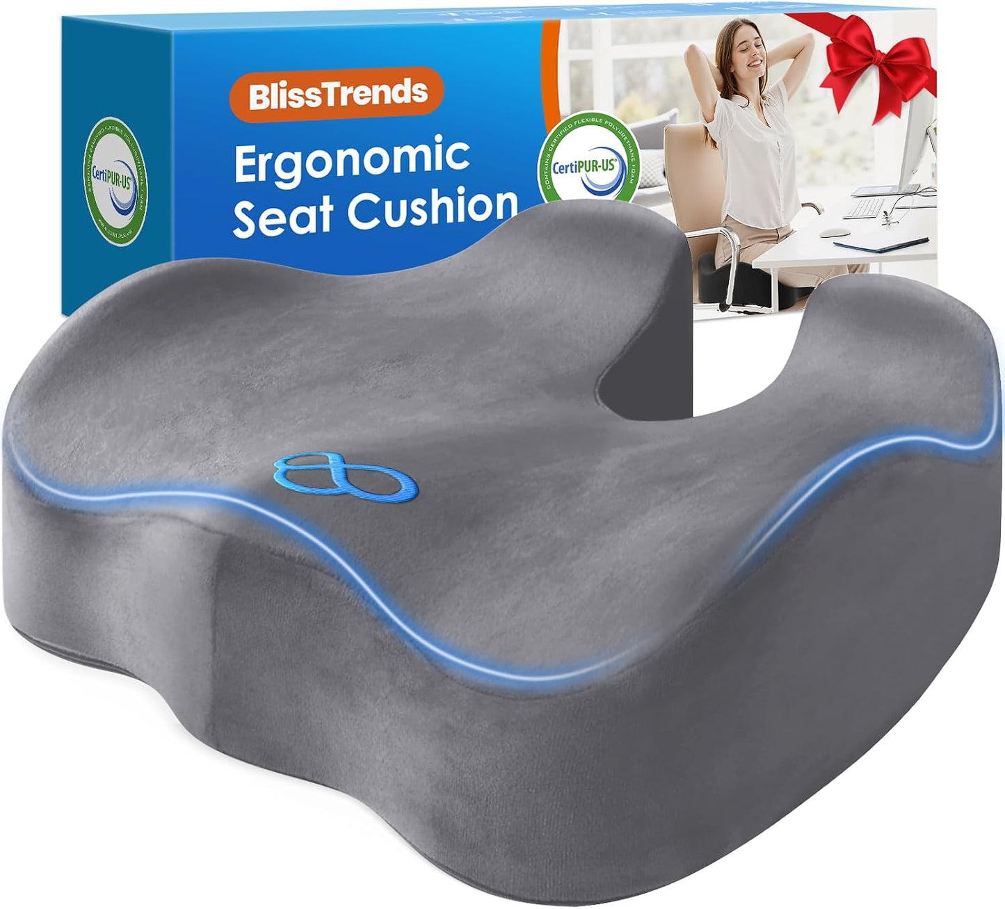 BlissTrends Memory Foam Seat Cushion for Office Chair & Car Seat, Black | 4.7in Ergonomic Tailbone & Sciatica Support with Removable Velvet Cover for Pressure Relief and Long Sitting Comfort