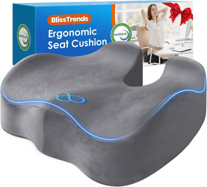 BlissTrends Memory Foam Seat Cushion for Office Chair & Car Seat, Black | 4.7in Ergonomic Tailbone & Sciatica Support with Removable Velvet Cover for Pressure Relief and Long Sitting Comfort