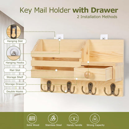 Key Holder Wall Mount, Wooden Key and Mail Organizer, Black | 2 Mount Options, Includes 8 Hooks, Fence Mail Slot, Small Drawer and Shelf, for Entryway, Hallway, Doorway, Living Room, RV