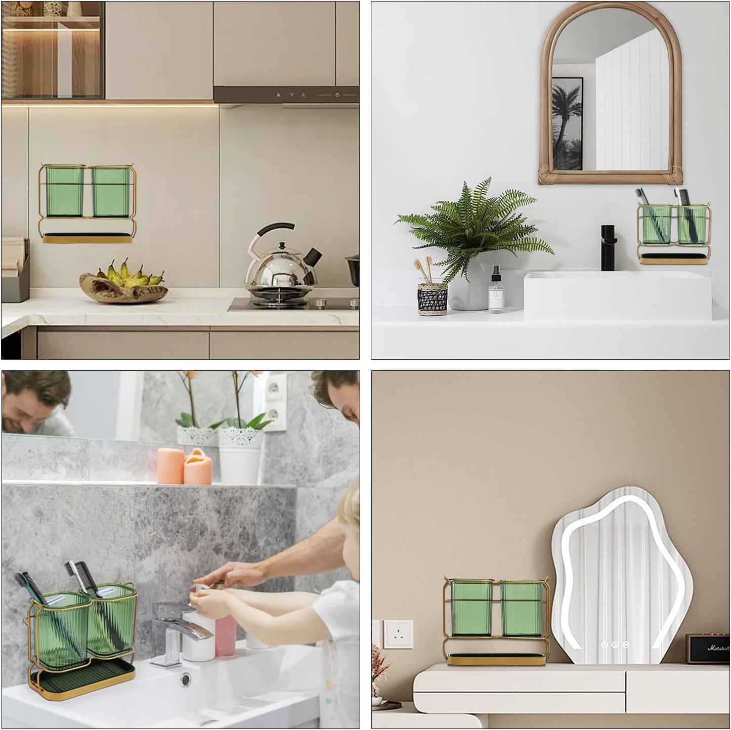Green Toothbrush Holders for Bathrooms, Toothbrush Holders with Drain Tray | 2 Cups Tooth Brushing Holder, Bathroom Organizers and Storage Caddy Countertop for Toothpaste, Razors, Toothbrush