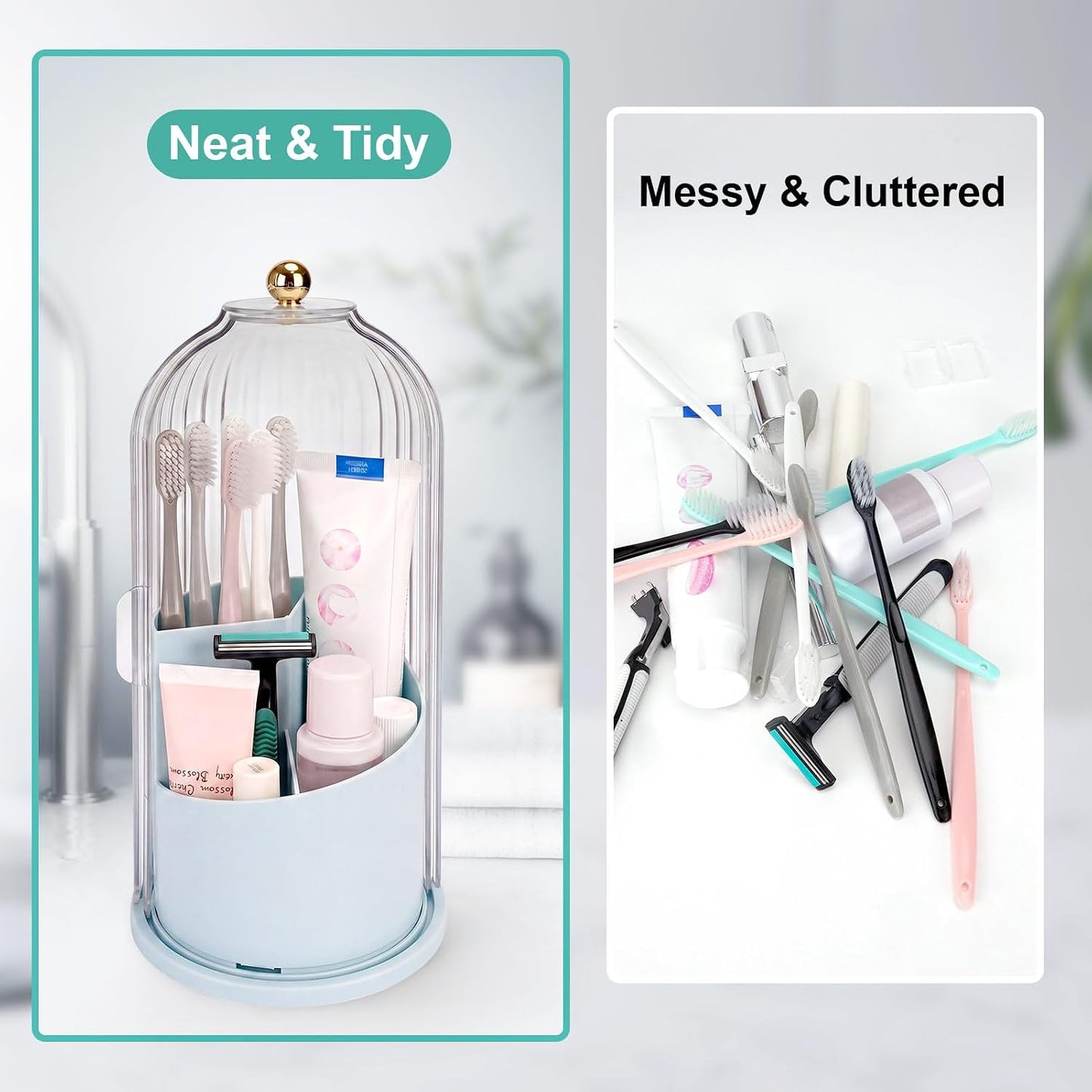 QIYVLOS Toothbrush Holders with Sliding Lid, Rotating 3 Slots Bathroom Organizer Countertop, Tooth Brush Toothpaste Holder Bathroom Counter Stand Sink Organizer Caddy for Vanity Makeup Brushes Holder