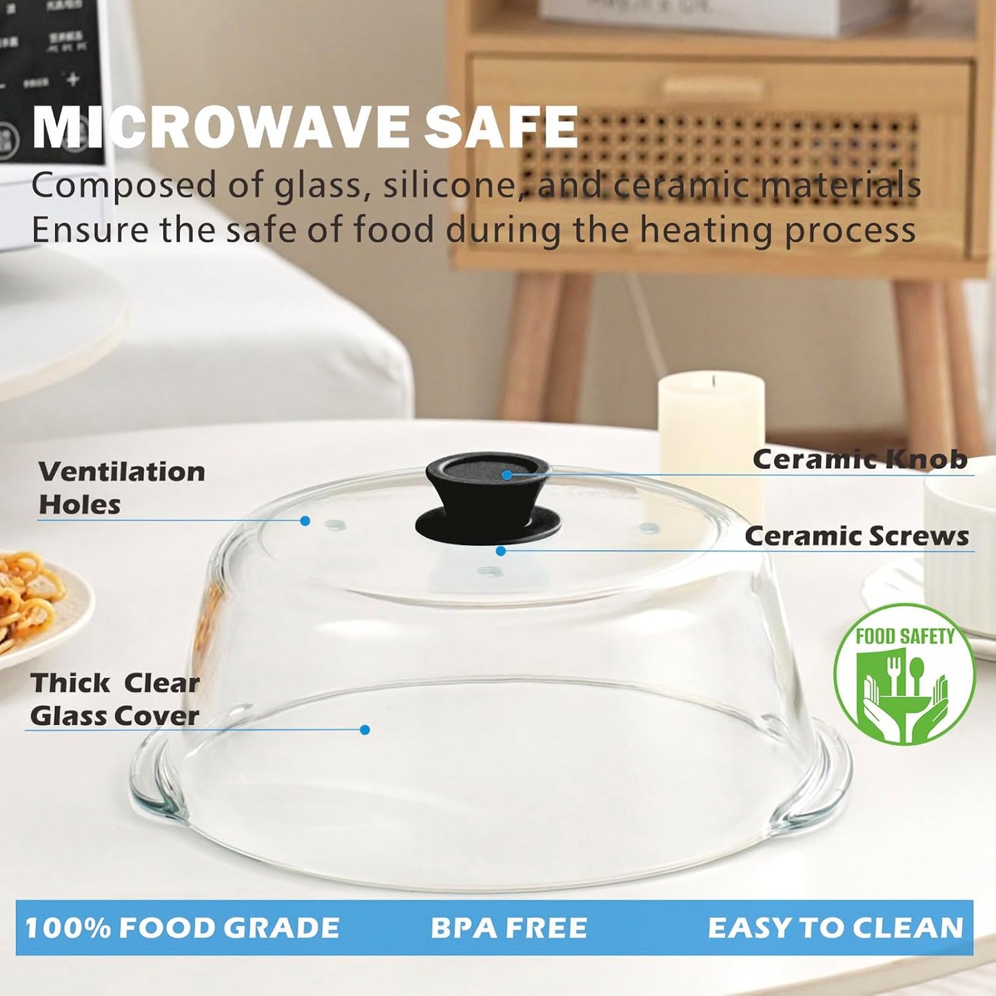 Glass Microwave Splatter Cover with Glove & Mat for Food, 4 Vents Guard Lid | No Plastic, Food Grade, BPA Free, Easy Grip Silicone Knob, 3.9in Tall for Bowl Covers, Serving Dish Cover, Dishwasher Safe