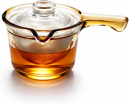 Single Serve Glass Teapot, 12 oz Side Handle Kyusu, Infuser for Loose Tea | Amber Glass Enriches Tea Color;Fine Mesh Traps Small Leaves; Drip-Control Spout; One-Hand Side Grip; Secure Lid When Pouring