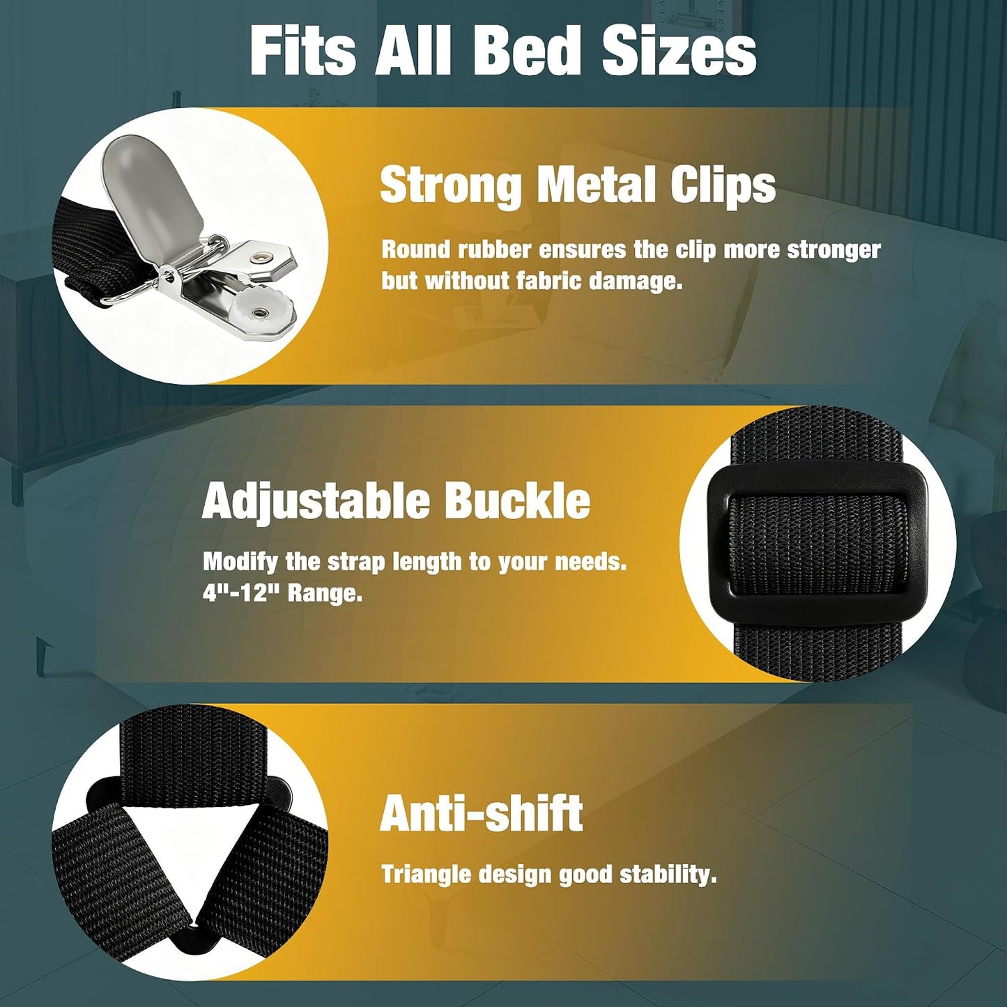 4 Pack Adjustable Elastic Straps with Metal Clips, Bed Sheet Fasteners, Bedding Suspenders for Mattress Covers, Bed Corner Holders and Keepers (White)