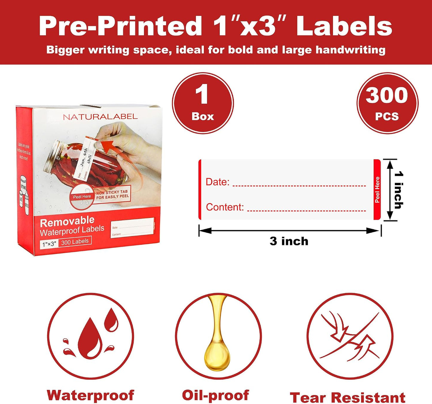 Removable Freezer Labels with Dispenser, 1" x 3", 1 Box (Red) | Writable, remove no residue, waterproof & oilproof, easy peel-off design, 300 labels per box, for meal prep containers