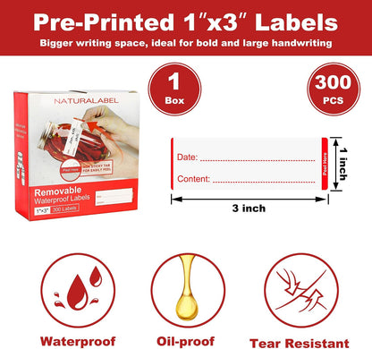 Removable Freezer Labels with Dispenser, 1" x 3", 1 Box (Red) | Writable, remove no residue, waterproof & oilproof, easy peel-off design, 300 labels per box, for meal prep containers