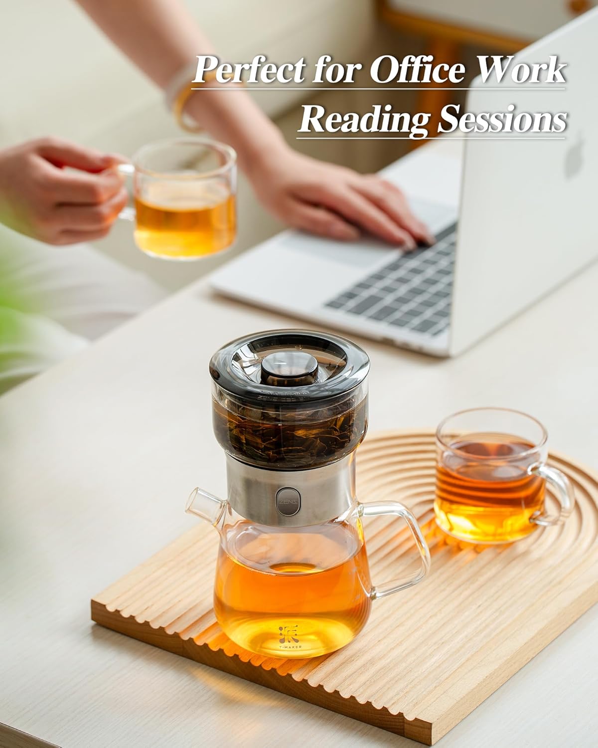 ZENS Glass Infuser Teapot, One Touch Tea Maker for Loose Leaf Tea, Walnut