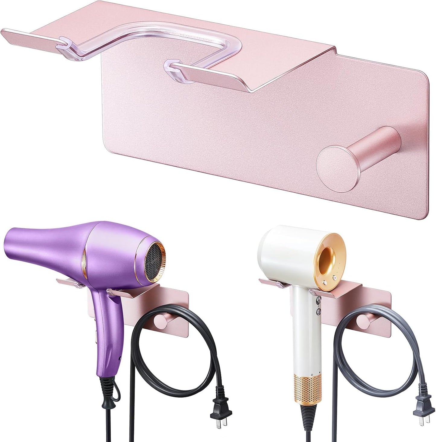 Hair Dryer Holder Wall Mounted, Blow Dryer Holder Adhesive, Metal Hairdryer Holder for Bathroom, Hair Tool Organizer with Plug&Cord for Cabinet Bathroom Bedroom Barber Shops (Rose Gold)