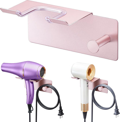 Hair Dryer Holder Wall Mounted, Blow Dryer Holder Adhesive, Metal Hairdryer Holder for Bathroom, Hair Tool Organizer with Plug&Cord for Cabinet Bathroom Bedroom Barber Shops (Rose Gold)