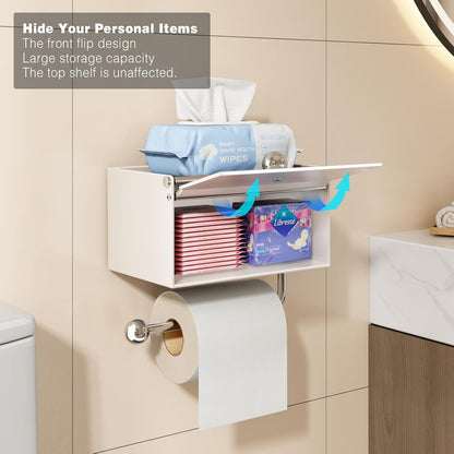 Voldra Toilet Paper Holder with Shelf, Flushable Wipes Dispenser for Bathroom, Adhesive Toilet Paper Roll Holder with Storage Wall Mount Stick On Bathroom Tissue Holder Front Flip Design (Matte Black)