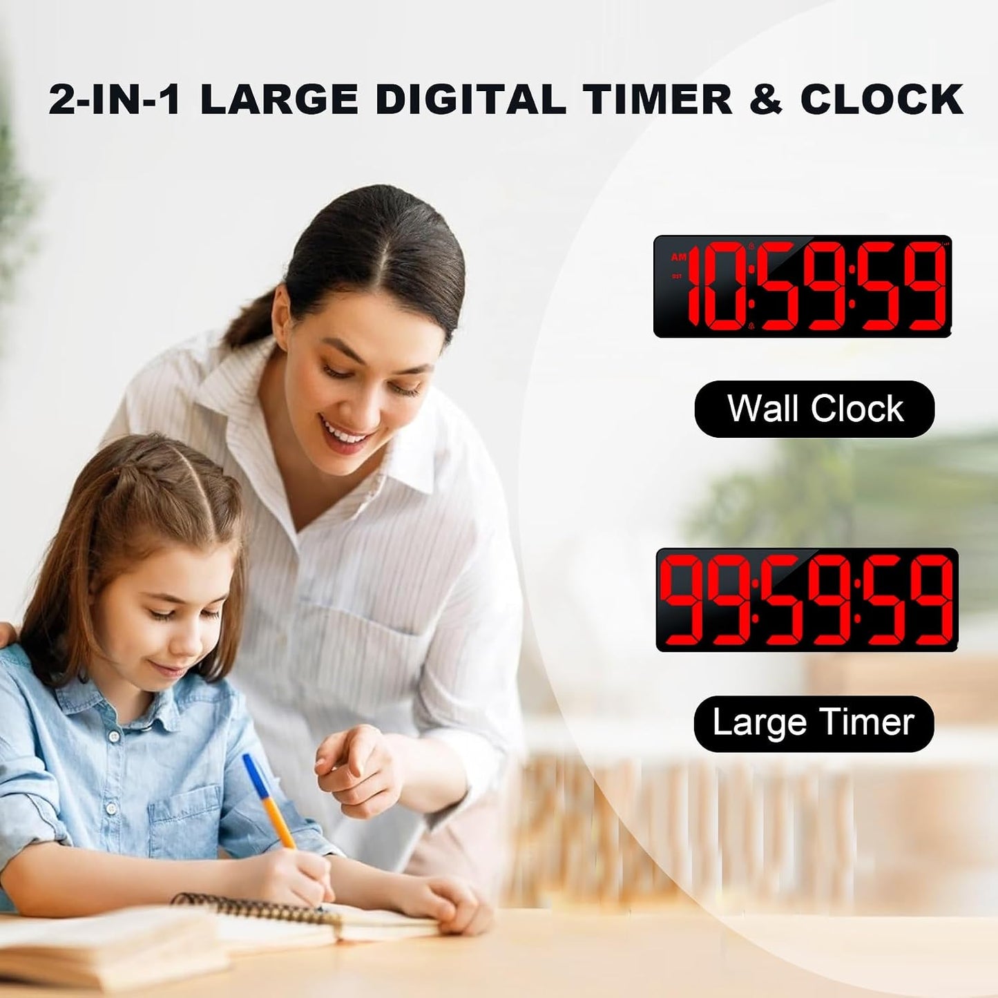 TXL 17.2" Bluetooth Digital Wall Clock with Seconds, Large Countdown Timer for Classroom Home Gym Kitchen Office, Alarm Clock with Remote Control, 4 Dimmable Brightness, Auto DST (RGB)