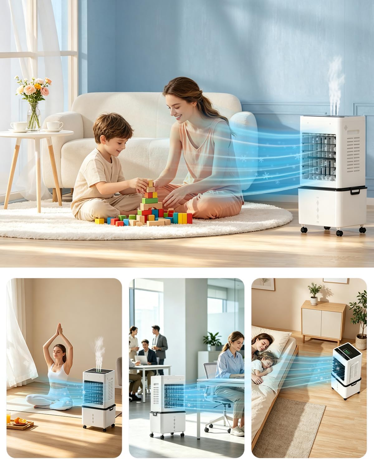 Evaporative Air Cooler, 3-in-1 Portable AC Tower Fan Air Conditioner with 4 Modes & 3 Speeds, 24H Timer, Remote 60°Oscillating Tower Fan, Quiet Swamp Cooler, Tower AC for Bedroom Office, 36inch, Black