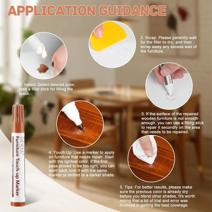 DEWEL Furniture Touch Up Markers, 17-Piece Wood Repair Kit with Wax Sticks | 8 Wood Touch Up Markers + 8 Wax Filler Sticks + Sharpener; Maple, Oak, Cherry, Walnut, Mahogany, White, Gray & Black