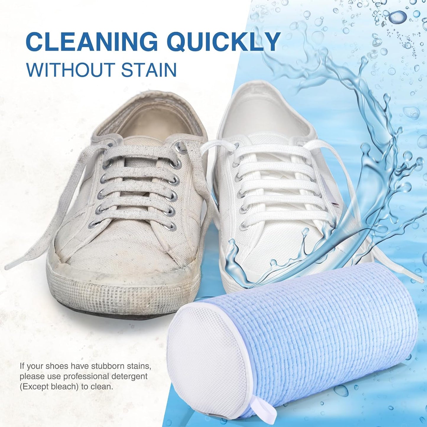 Shoe Washing Bag for Washing Machine, Fluffy Fibers Keep 360° Wrap-around Cleaning, Adjustable Shoe Trees, Durable Hidden Zipper Reusable Laundry Bag for Sneaker Gym Shoes White