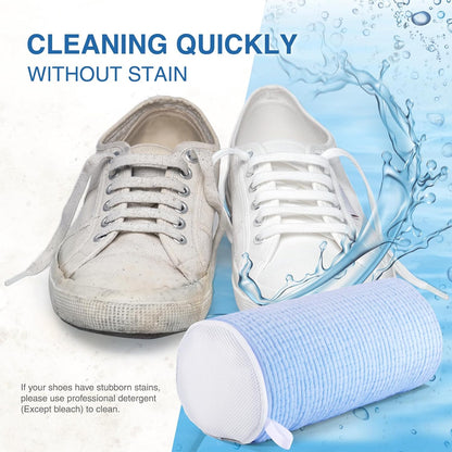 Shoe Washing Bag for Washing Machine, Fluffy Fibers Keep 360° Wrap-around Cleaning, Adjustable Shoe Trees, Durable Hidden Zipper Reusable Laundry Bag for Sneaker Gym Shoes White
