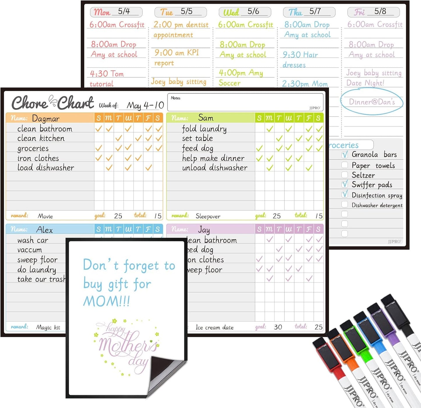 JJPRO Magnetic Dry Erase Chore Chart Set for Fridge-Used for Multiple Kids-One Chore Chart and Two Bonus Dry Erase Pad/Grocery Boards-Behavior Chart for Multiple Kids