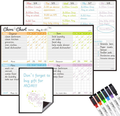JJPRO Magnetic Dry Erase Chore Chart Set for Fridge-Used for Multiple Kids-One Chore Chart and Two Bonus Dry Erase Pad/Grocery Boards-Behavior Chart for Multiple Kids