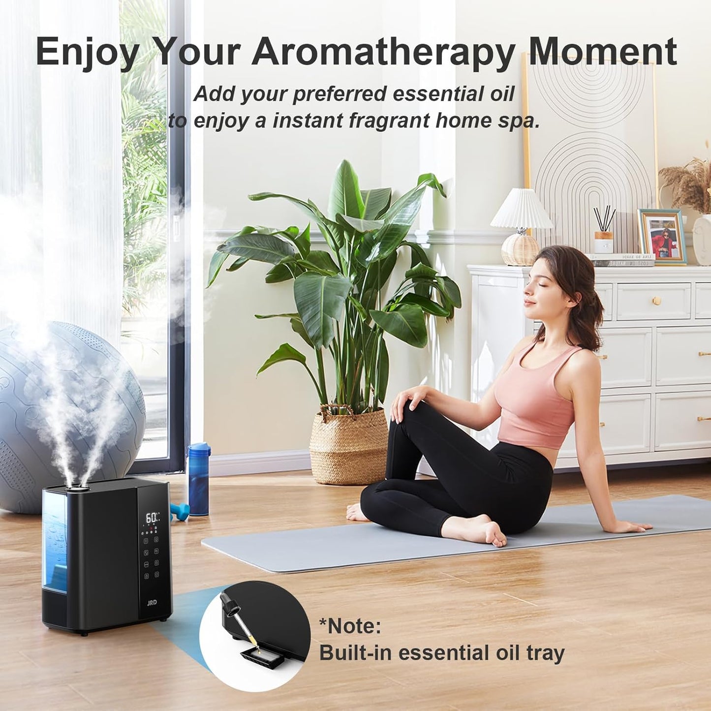 JRD Humidifiers for Bedroom, Ultrasonic Humidifier 4L for Large Room, Cool Mist Top-Fill, 40H Run, 12H Timer, 360° Nozzle, Aroma Diffuser, 7-Color Night Light for Home, Office, Baby-White