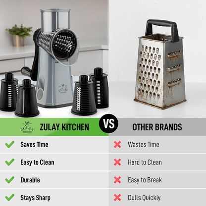 Zulay Kitchen Rotary Cheese Grater 5 Blade Cheese Shredder - Manual Hand Crank Cheese Grater With Reinforced Suction & 5 Interchangeable Drums - Easy to Use, Vegetable Chopper Round Mandoline Slicer - Colors A