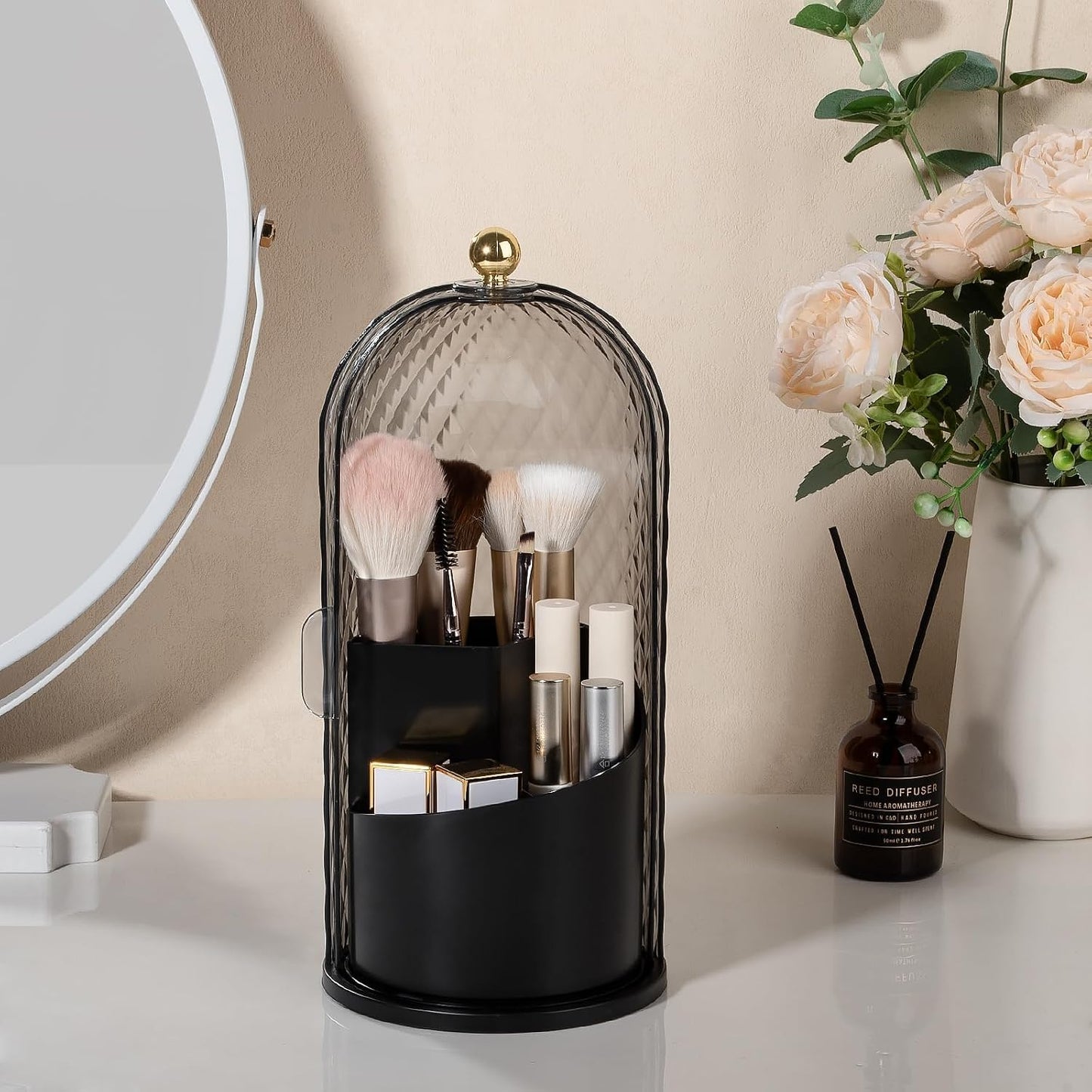 Toothbrush Holder with Cover for Bathroom Countertop, Organizer, White | Rotating 3 Slot Holder for Electric Toothbrushes, Toothpaste, Self Draining Vanity Organizer, Makeup Brush Storage