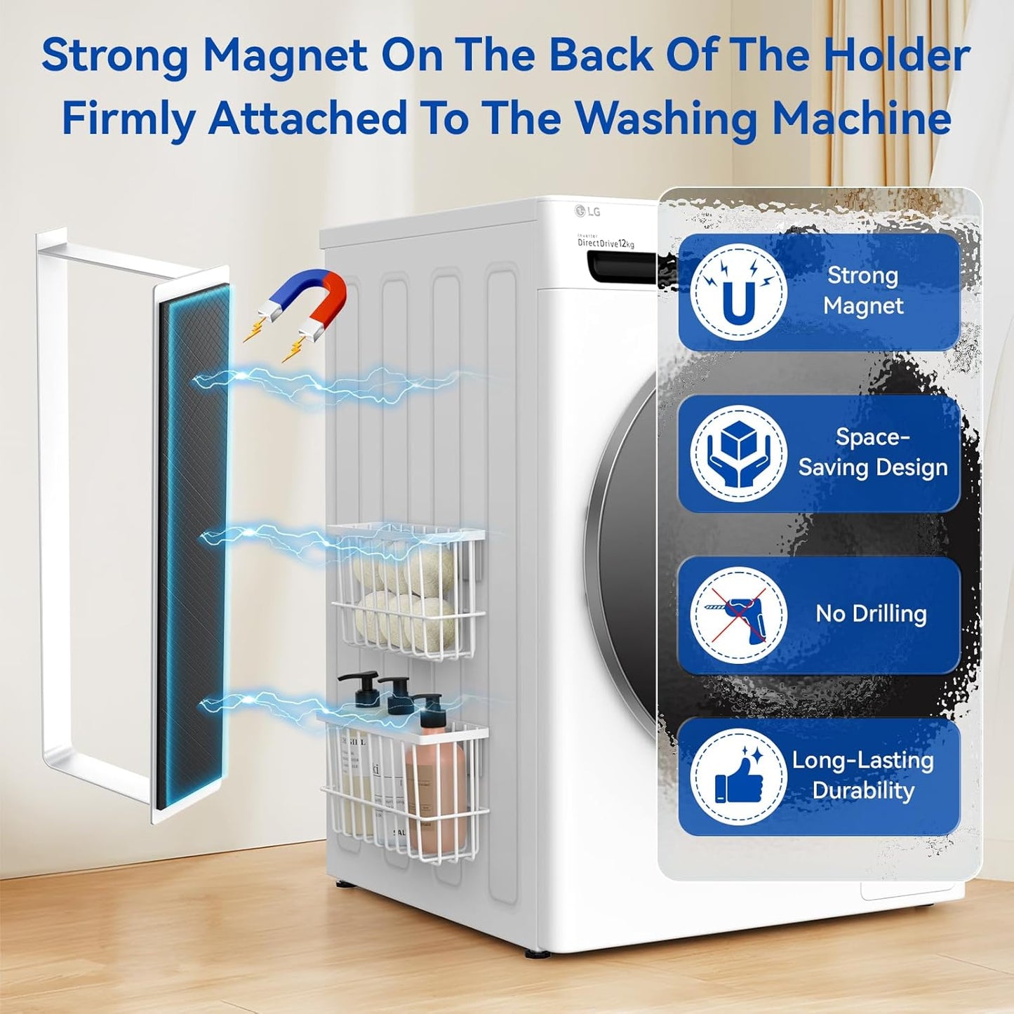 Laundry Room Organization and Storage Magnetic Dryer Ball Holder with Magnetic Hanger Holder, Magnetic Lint Bin for Washer Dryer, Iron Basket Dryer Ball Container, Magnetic Laundry Organizer (Black)