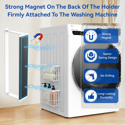Laundry Room Organization and Storage Magnetic Dryer Ball Holder with Magnetic Hanger Holder, Magnetic Lint Bin for Washer Dryer, Iron Basket Dryer Ball Container, Magnetic Laundry Organizer (Black)