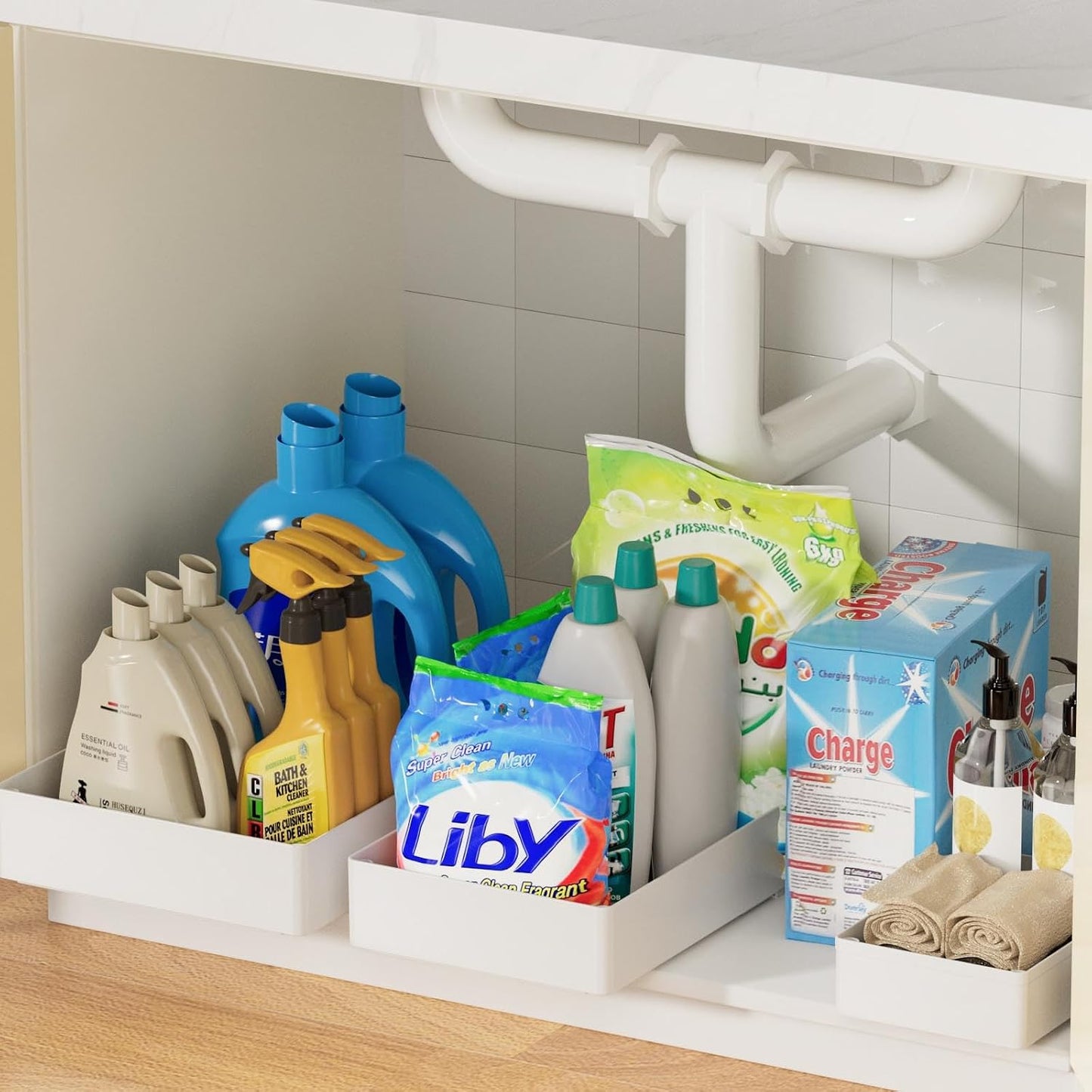 3 Pack Pull Out Drawers for Cabinets with Metal Slides, Easy to Install Cabinet Roll Out Shelves, Smooth Slide Out Drawers for Kitchen Cabinets with Nano Adhesive