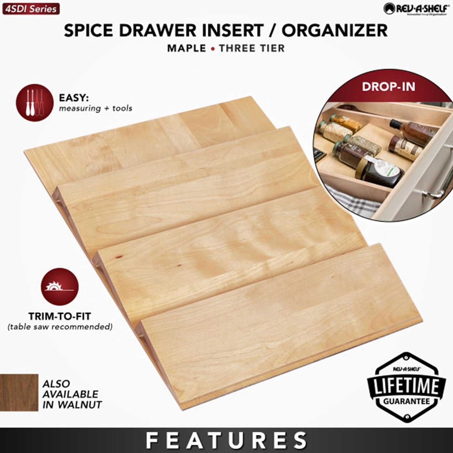 Rev-A-Shelf 36" 3-Tiered Trimmable Wooden Pull-Out Spice Rack, Maple | Wooden Kitchen Drawer and Cabinet Home Storage Insert for Seasoning Organization